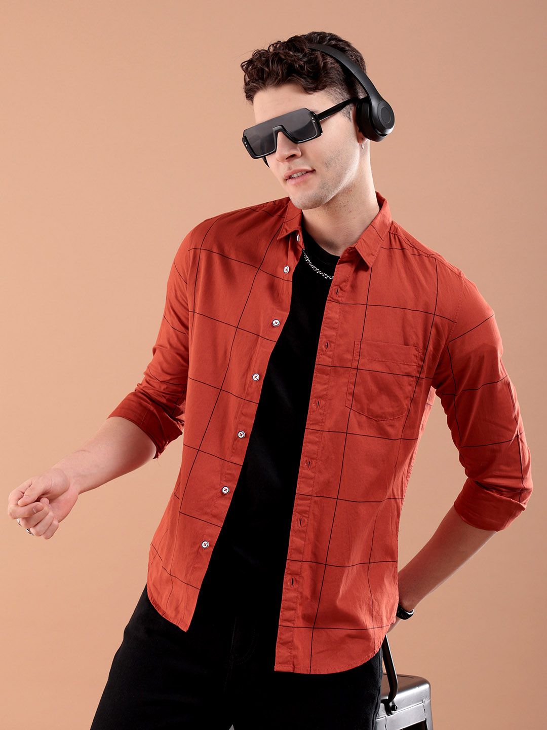 The Indian Garage Co Men Rust Orange & Black Slim Fit Checked Casual Shirt