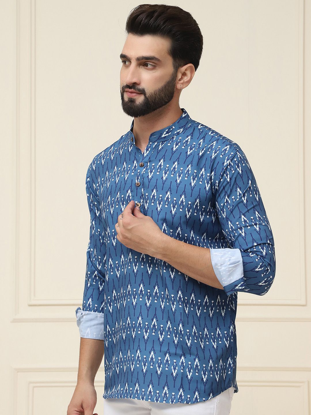 SOJANYA Ethnic Motifs Printed Band Collar Neck Roll-Up Sleeves Pure Cotton Kurta