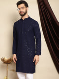 Anouk Navy Blue Motif Etnik Bersulam Labuci Lurus Cotton Pure Kurta