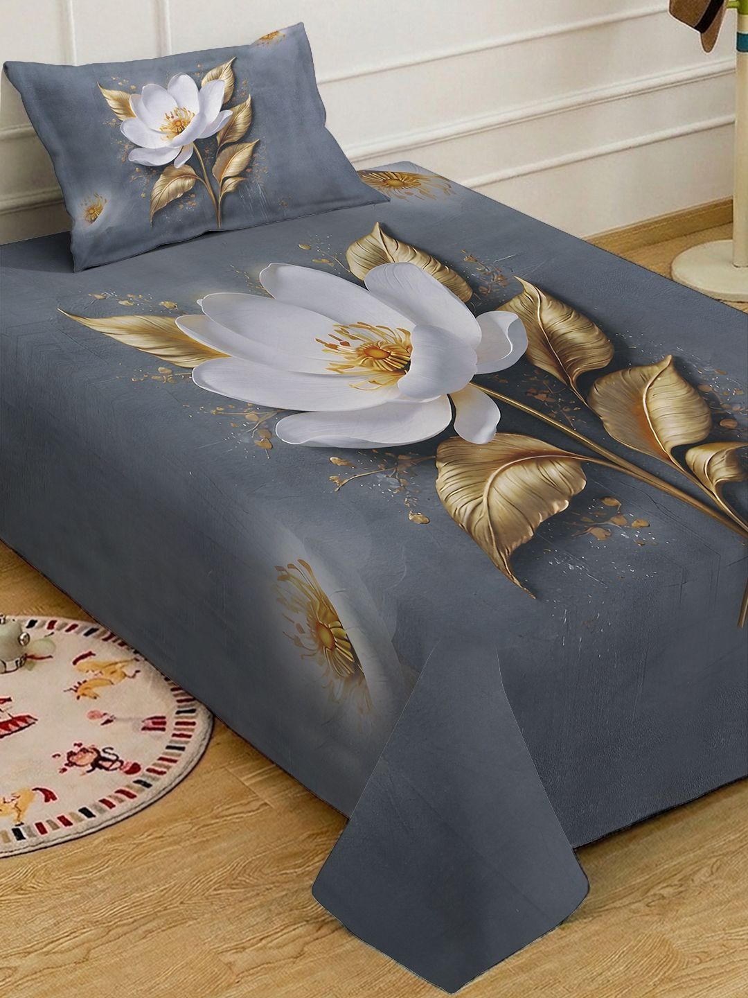 KLOTTHE Grey Floral Flat 400 TC Single 7D Bedsheet with 1 Pillow Covers