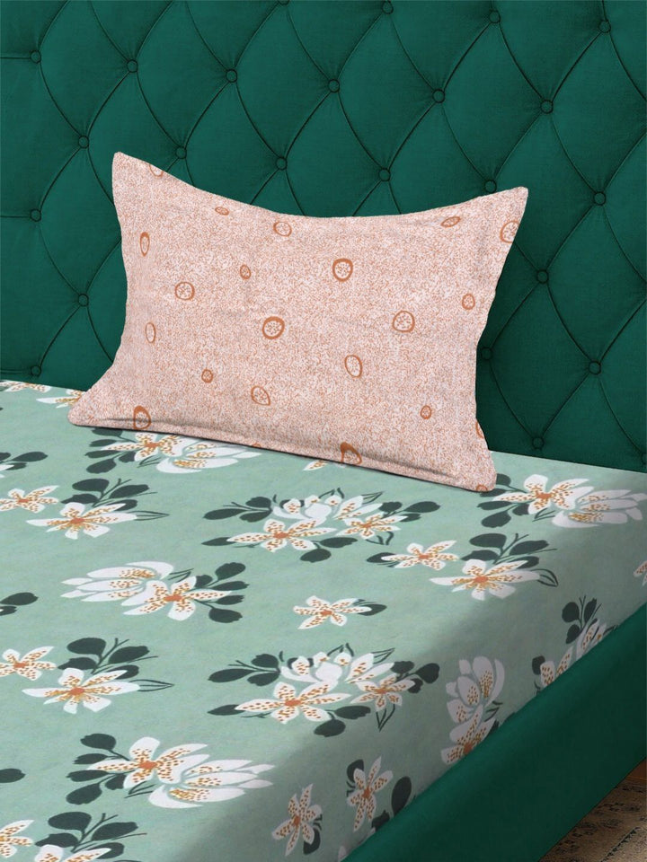 Aura Green & White Floral 300 TC Single Bedsheet Set-2.25 X 1.50 m