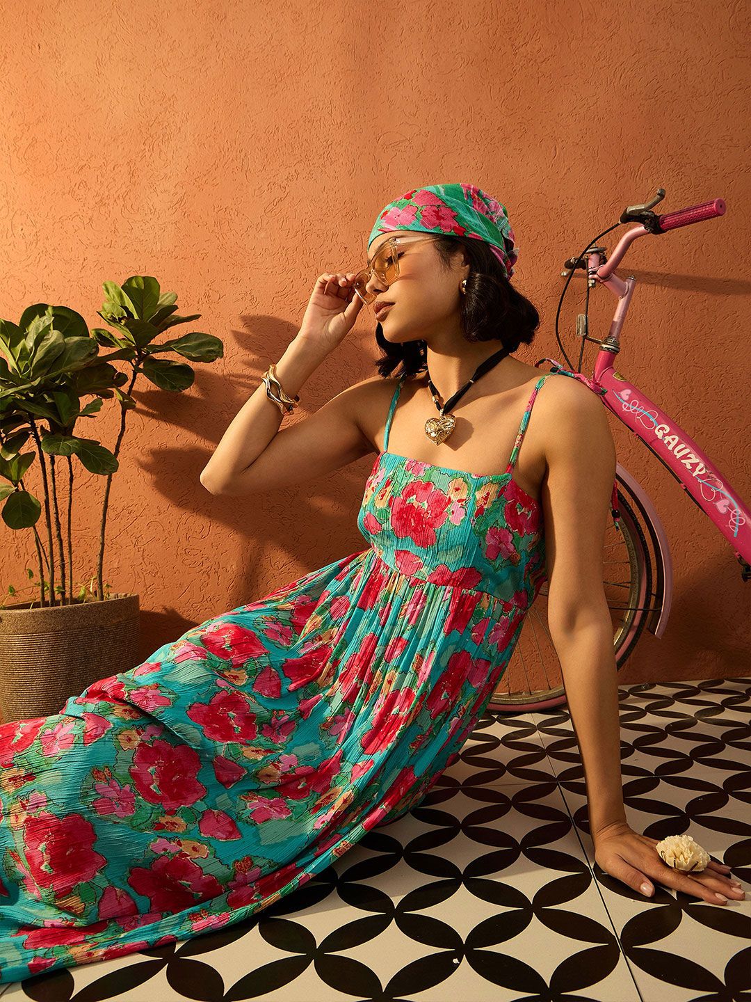 Pink Paprika by SASSAFRAS Floral Printed Gathered or Pleated Maxi Dress