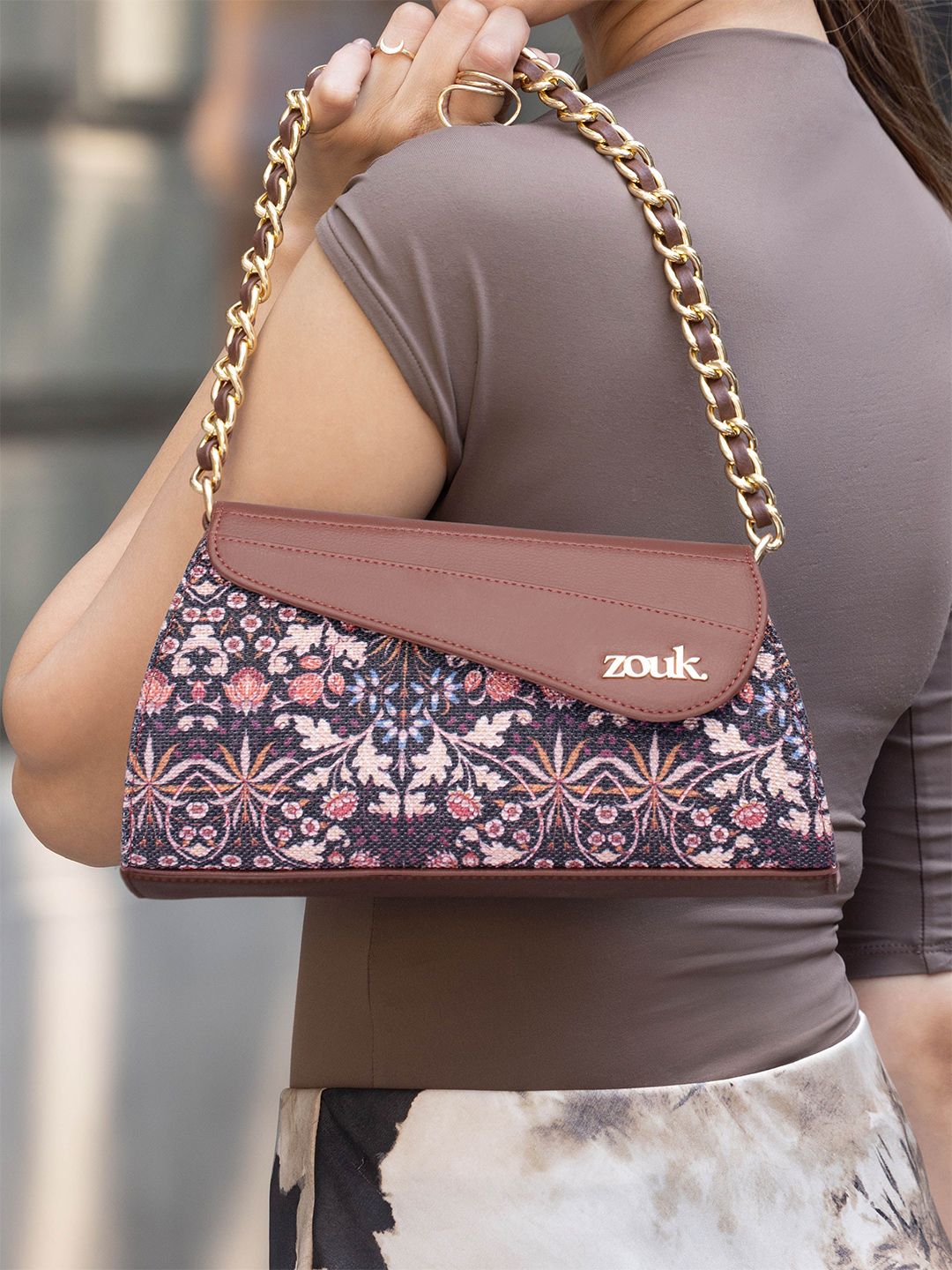 ZOUK Floral Printed Half Moon Sling Bag with Tasselled
