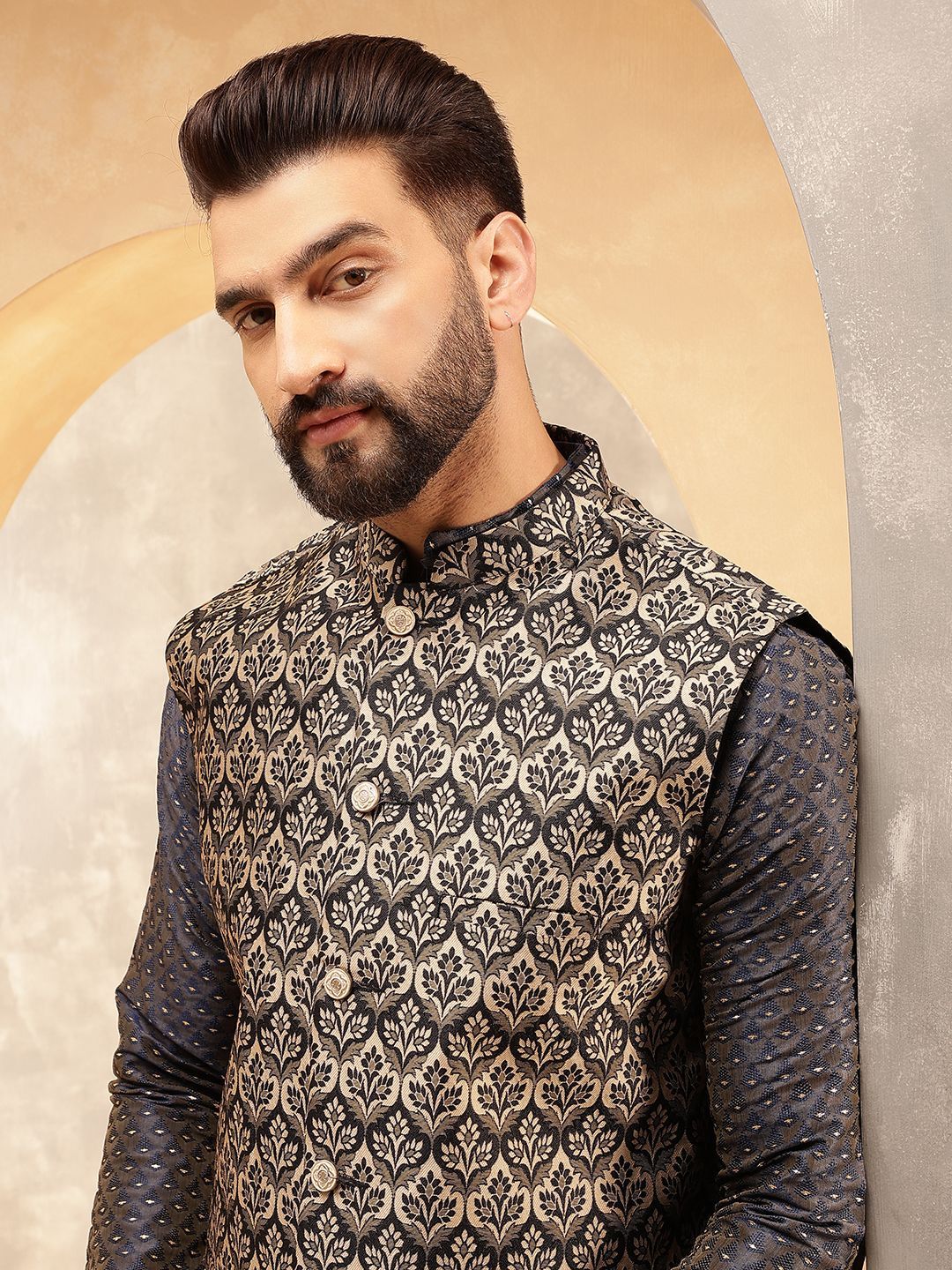 Anouk Black Woven Design Jacquard Silk Straight Kurta With Pyjamas And Nehru Jacket