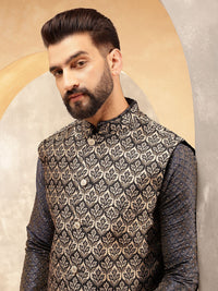 Anouk Black Woven Design Jacquard Silk Straight Kurta With Pyjamas And Nehru Jacket