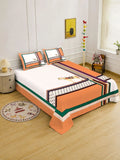 KLOTTHE Orange & Green Geometric 400 TC King Bedsheet with 2 Pillow Covers