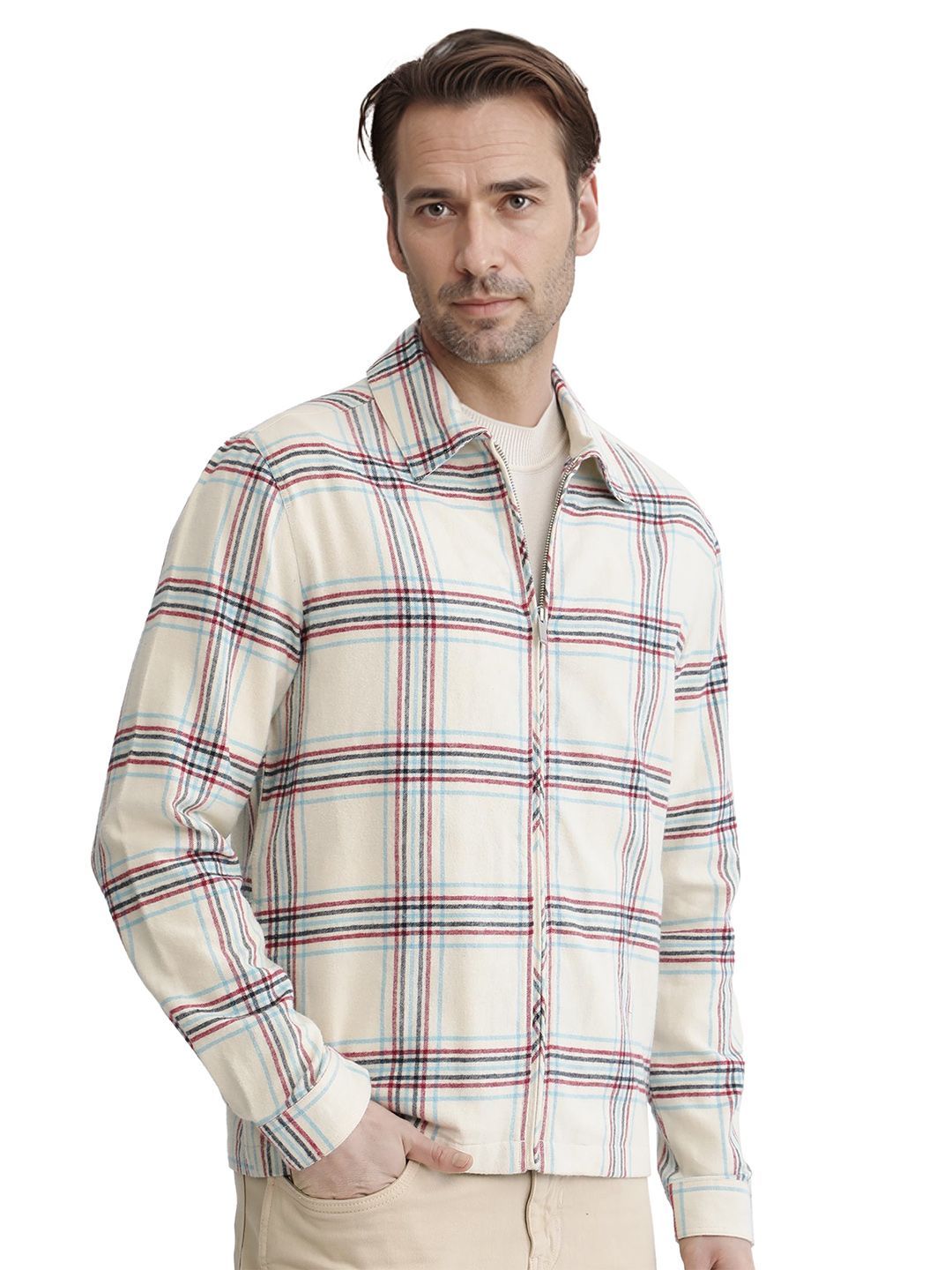 RARE RABBIT Men Checked Cotton Open Front Jacket with Embroidered