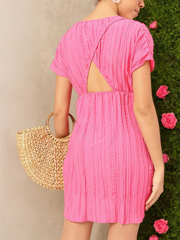 DressBerry Barbiecore Crinkled Cut-Out Back A-Line Mini Dress