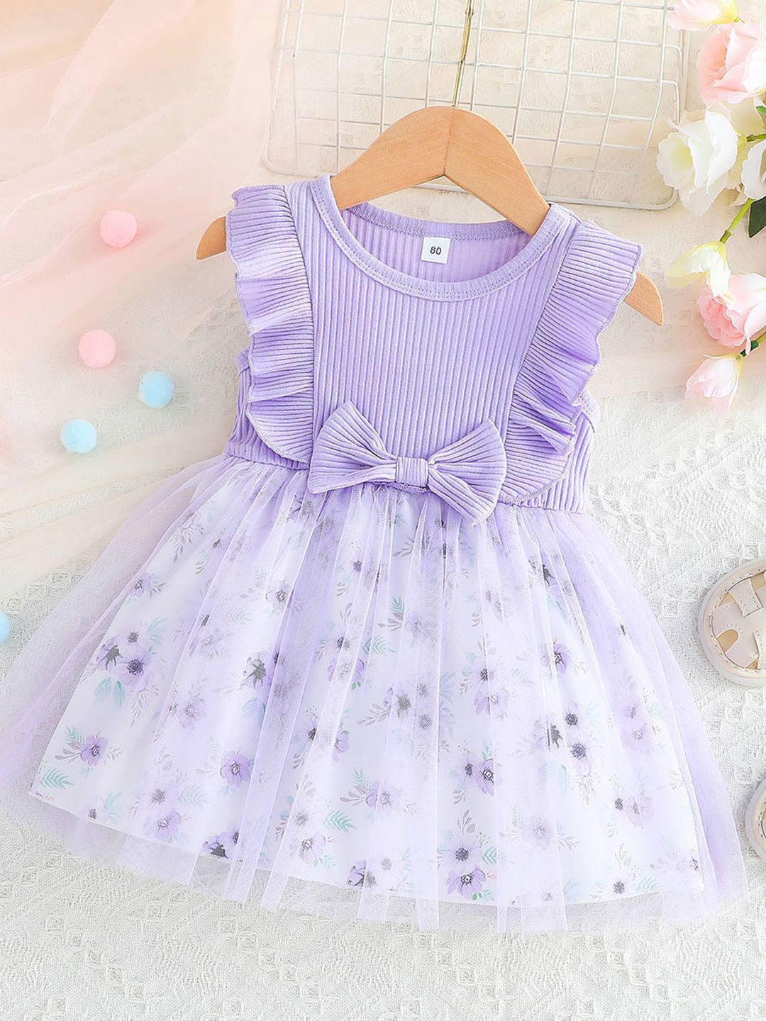 YK Girls Floral Printed Bow Fit And Flare Knee Length Dress