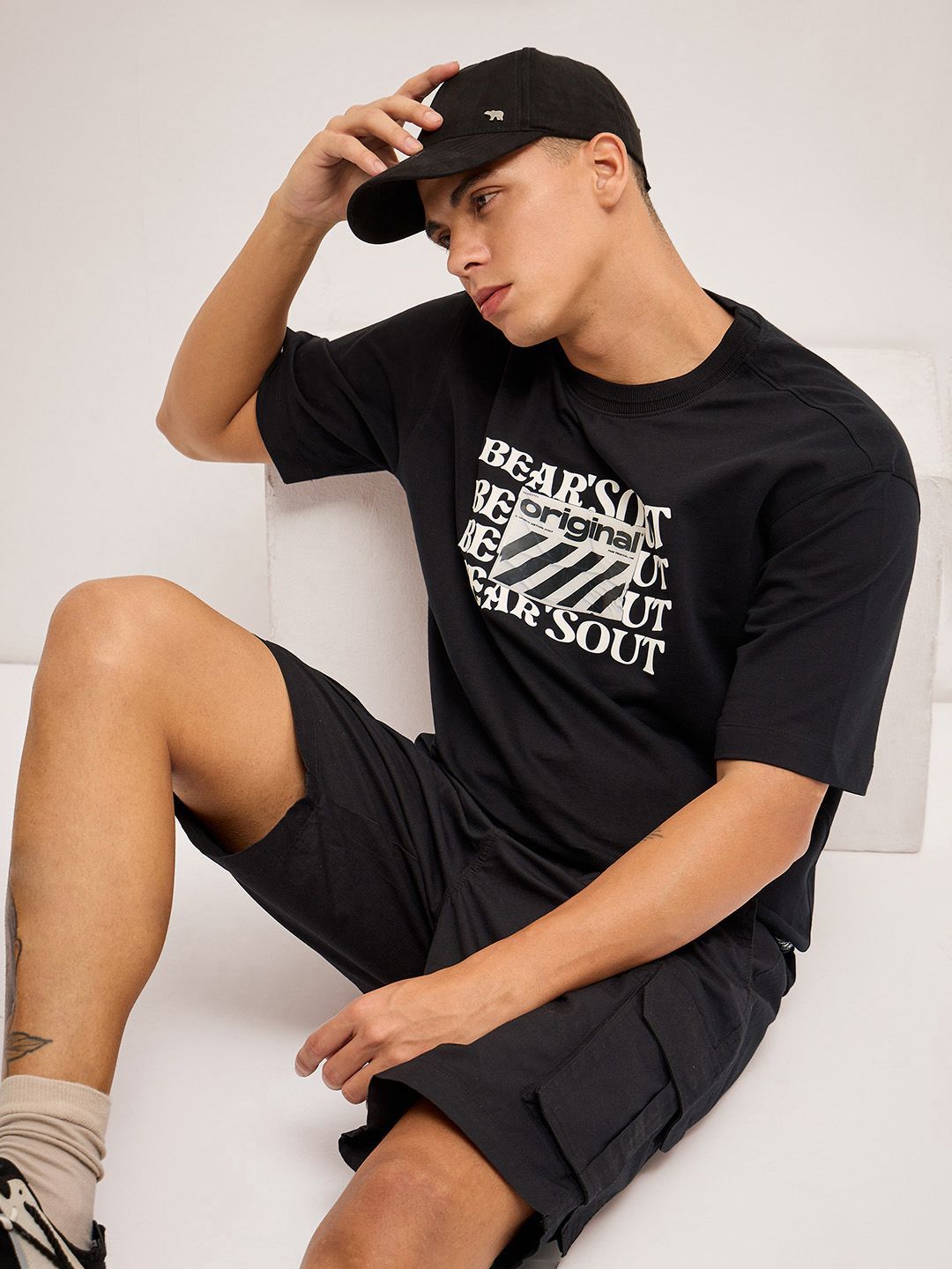 THE BEAR HOUSE Men Typography Printed Round Neck Cotton Oversized T-shirt