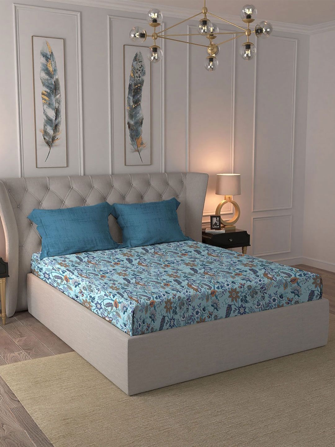 MYTRIDENT Chintz Blue Celebration Flat 144TC Queen Pure Cotton 1 Bedsheet with 2 Pillow Covers