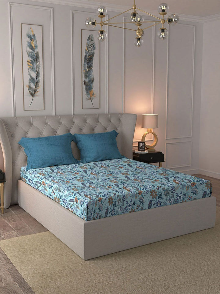 MYTRIDENT Chintz Blue Celebration Flat 144TC Queen Pure Cotton 1 Bedsheet with 2 Pillow Covers