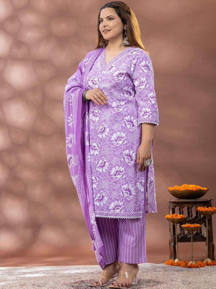 Mamicha Floral Printed Mirror Work Straight Kurta With Palazzo & Dupatta