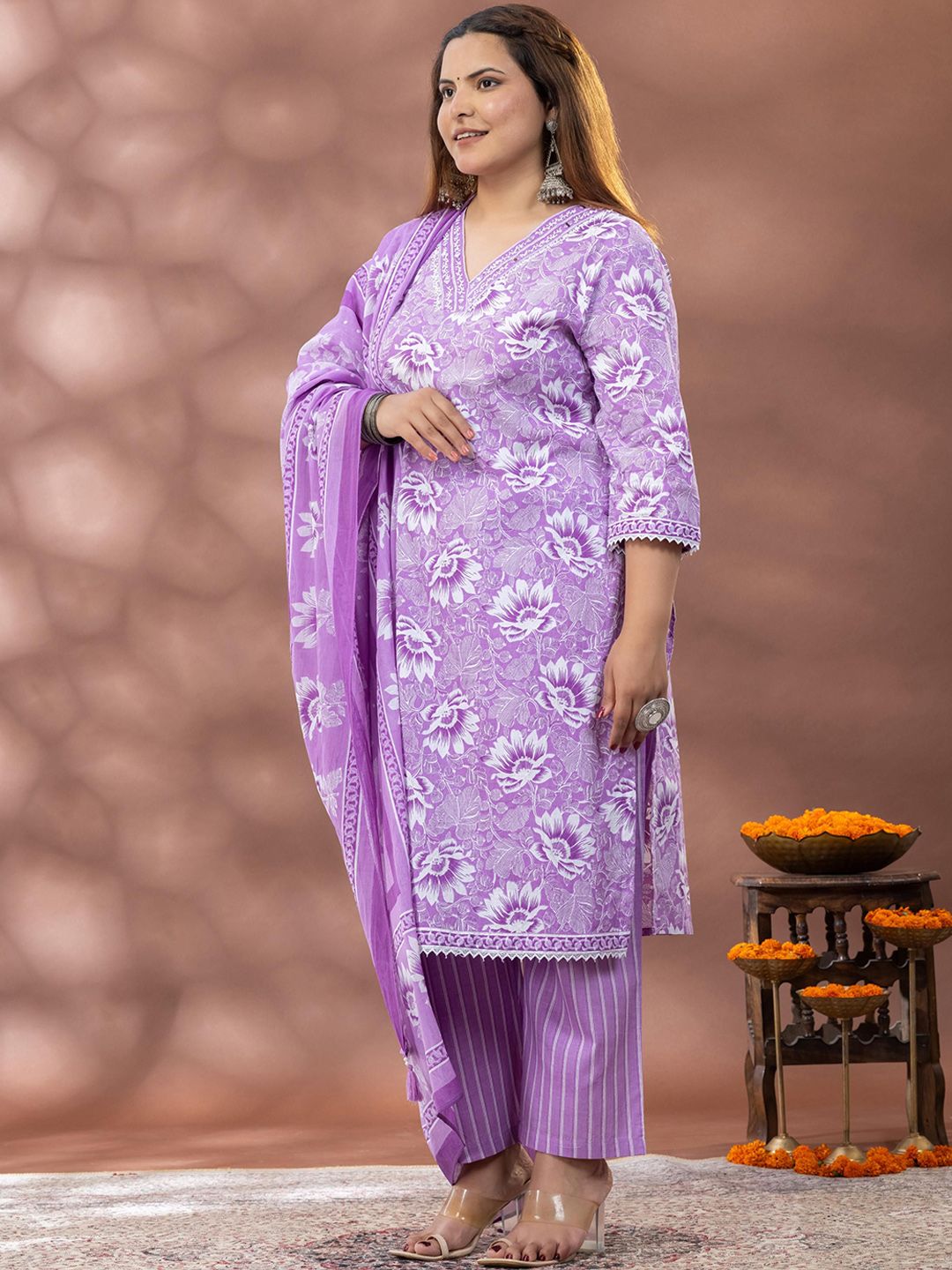 Mamicha Floral Printed Mirror Work Straight Kurta With Palazzo & Dupatta
