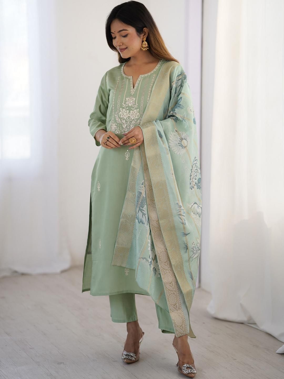 KALINI Women Floral Embroidered Regular Thread Work Kurta with Trousers & With Dupatta