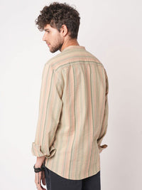 VASTRADO Men Striped Band Collar Straight Cotton Kurta