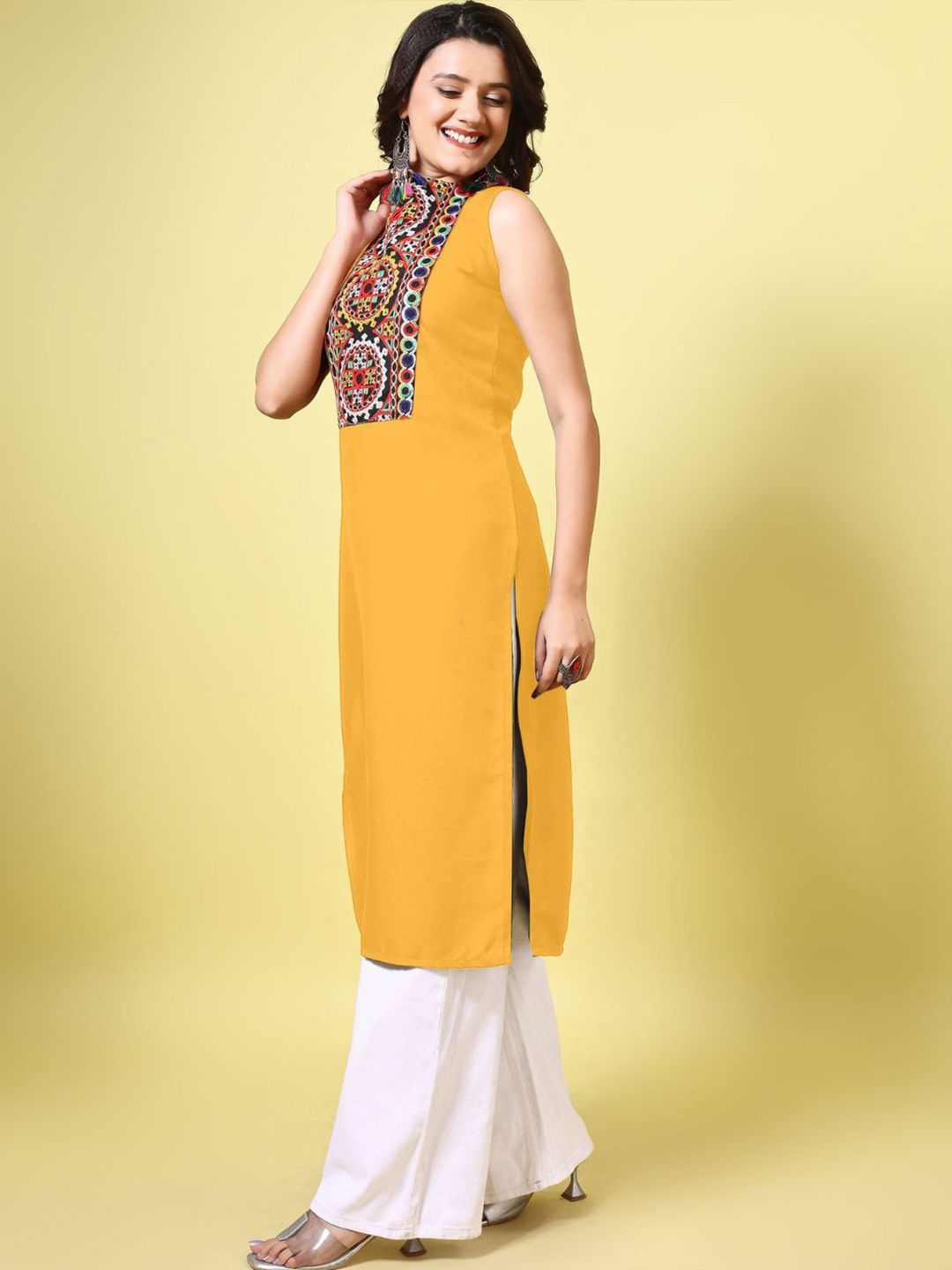 KALINI Women Cotton Blend Embroidered High Neck Straight Kurta