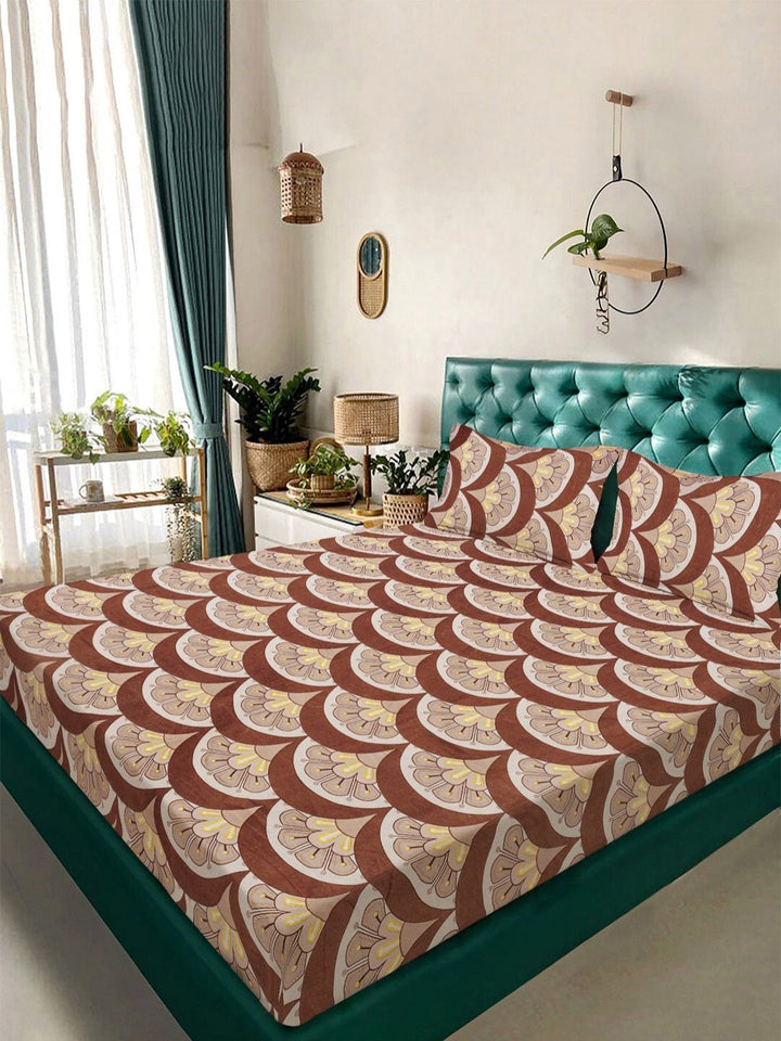 Aura Brown Printed 300 TC Woolen King Bedsheet Set 2.50 m x2.25 m