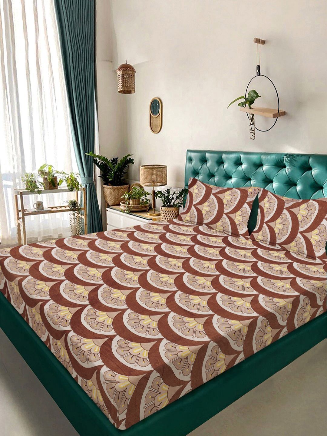 Aura Brown Printed 300 TC Woolen King Bedsheet Set 2.50 m x2.25 m
