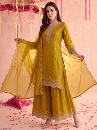 Mamicha Women Ethnic Motifs Embroidered Thread Work Straight Kurta with Palazzos & Dupatta
