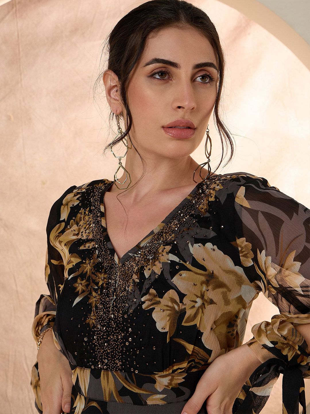Antheaa Floral Embellished Flared Sleeve Chiffon A-Line Midi Dress