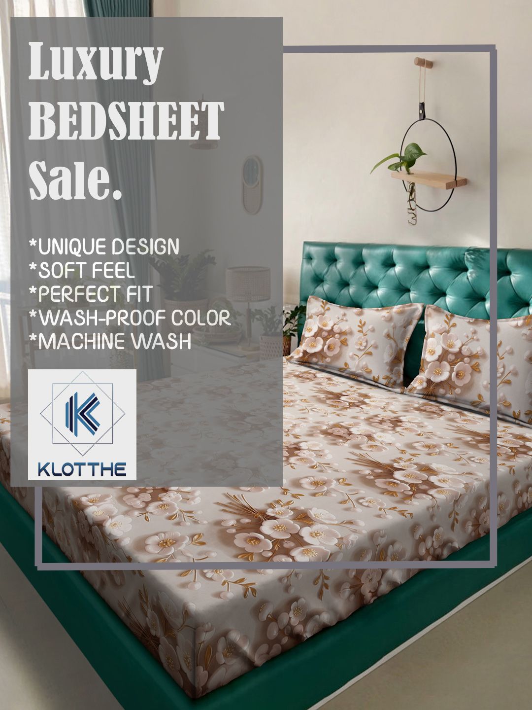 KLOTTHE Cream Floral Printed Flat 300 TC King 7D Bedsheet With 2 Pillow Cover