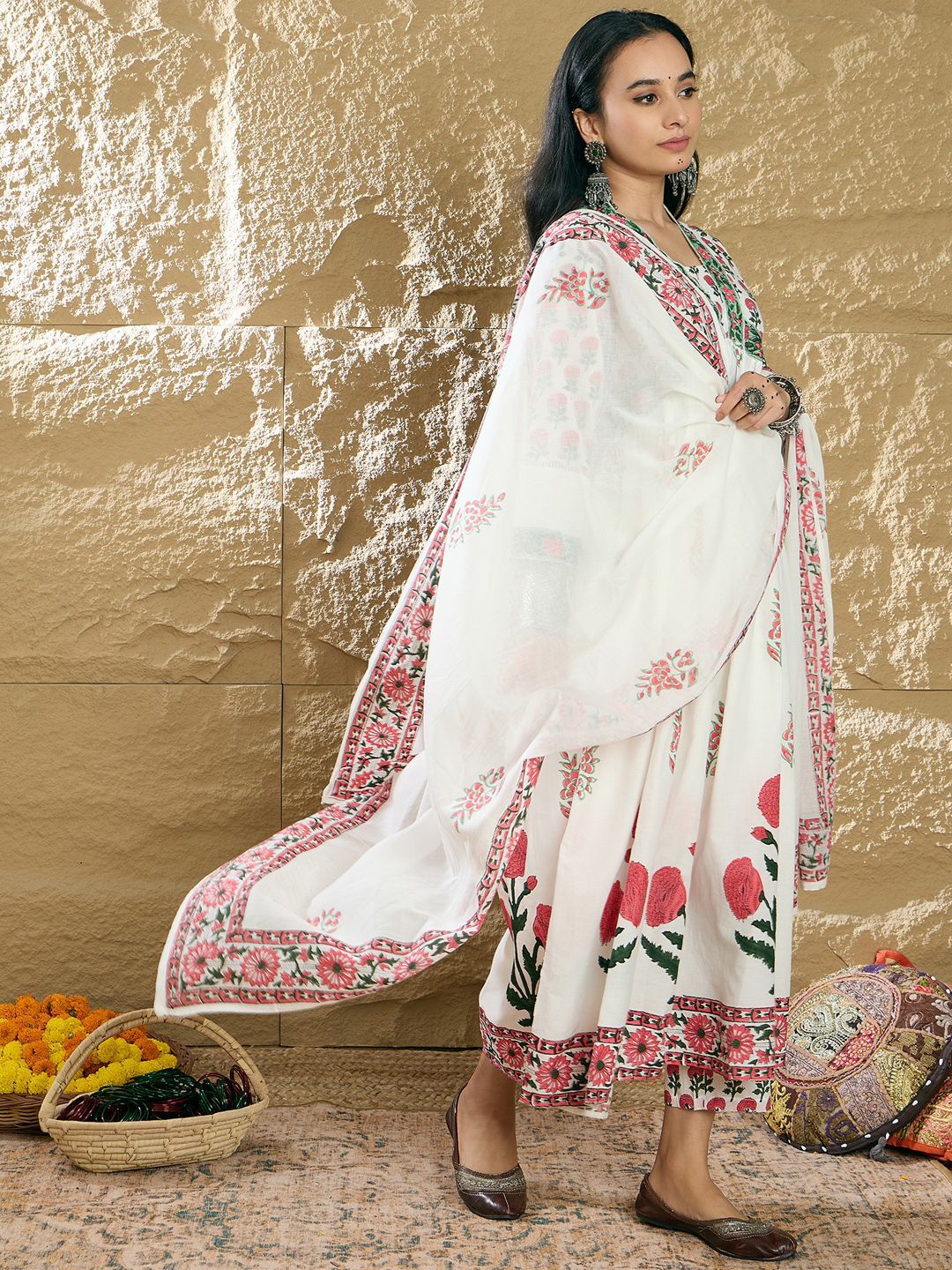 Indo Era Women Ethnic Motifs Printed Pure Cotton Kurta with Trousers & With Dupatta