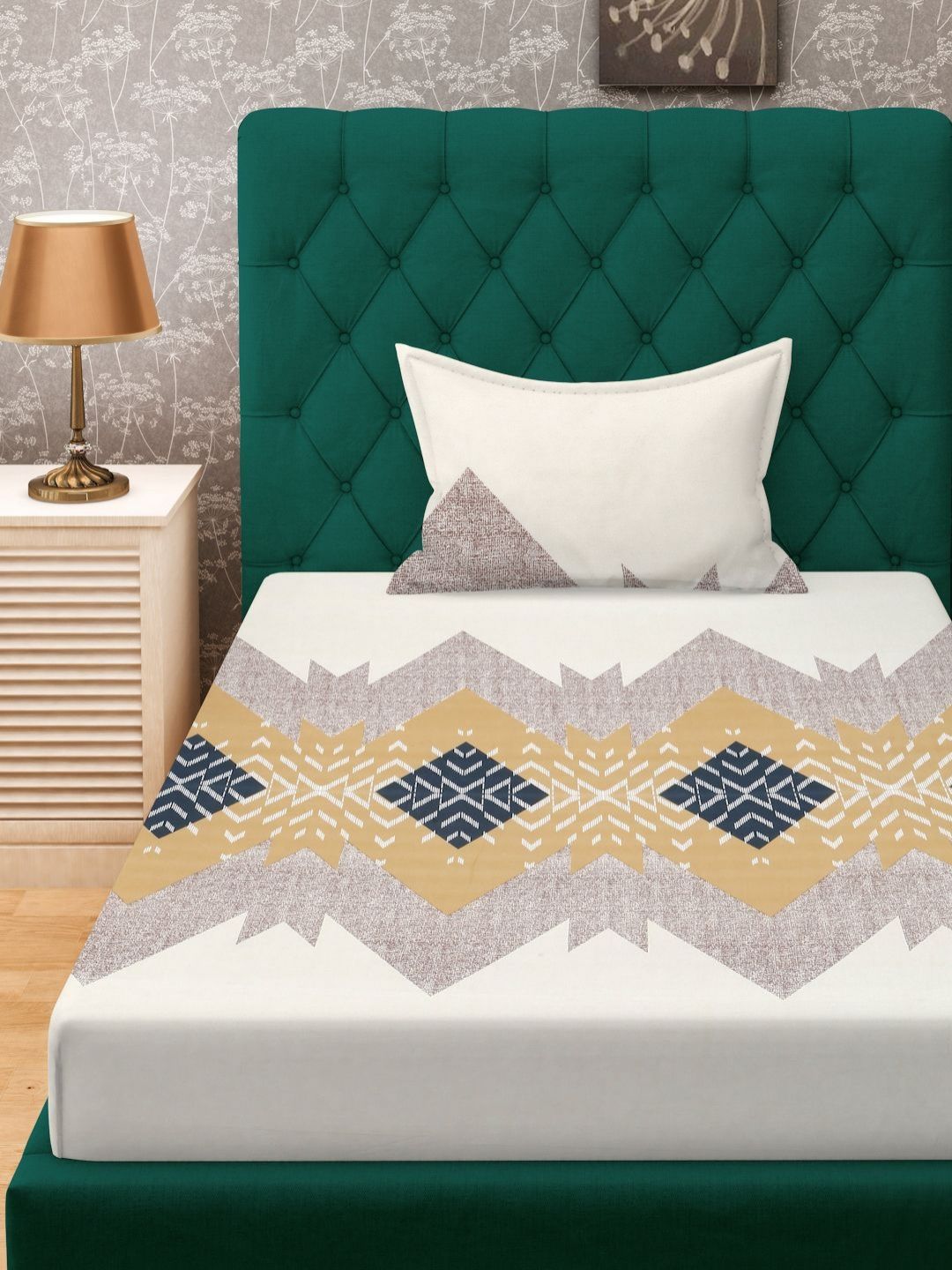 KLOTTHE White Geometric Cotton 300 TC Dilengkapi Cadar Bujang Halus dengan Sarung Bantal-89 x 59 inci