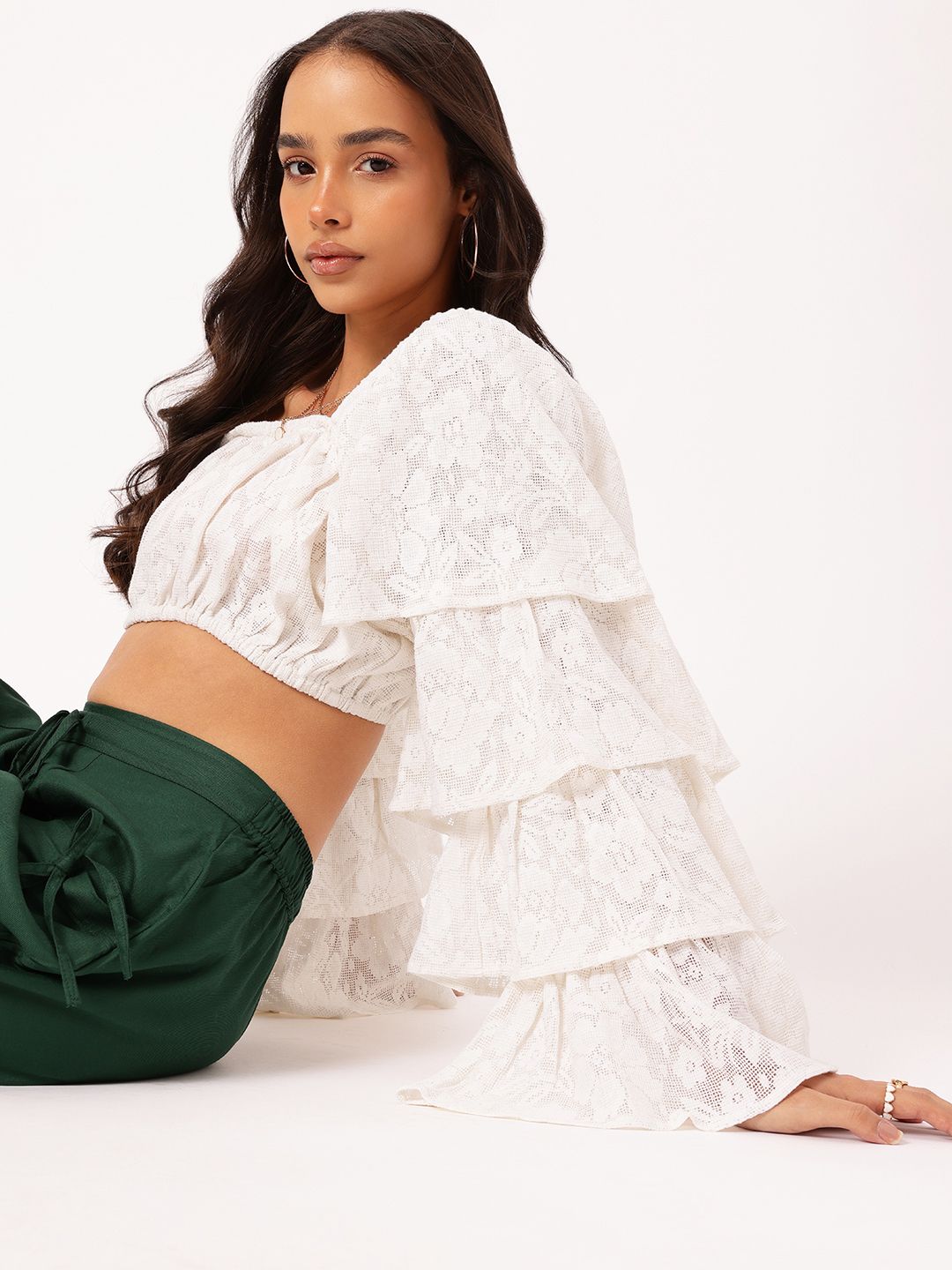 DressBerry Sassy & Stylish Lace Inserted Layered Bell Sleeves Crop Top