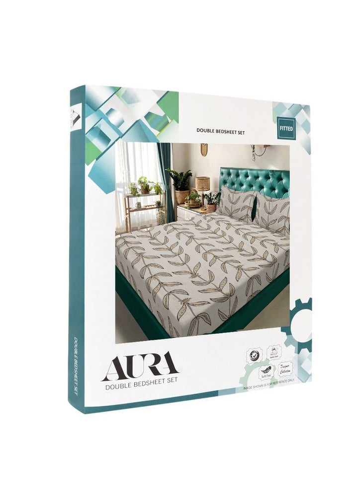 Aura Beige & Grey Floral 300 TC Fitted Double King Bedsheet Set 2.50 m x 2.25 m