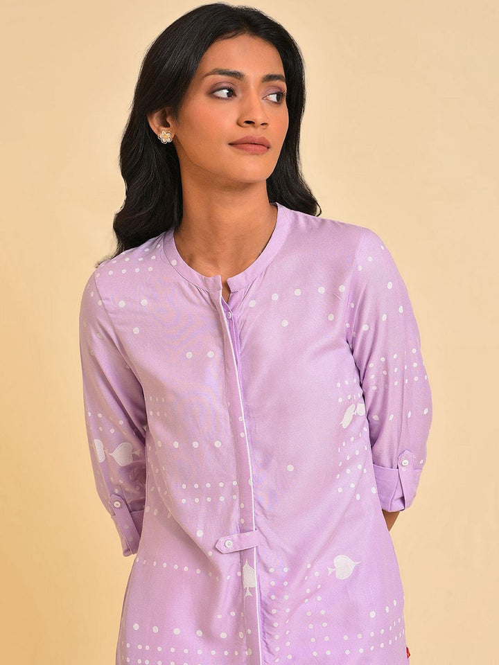 W Women Geometric Printed Mandarin Collar Roll-Up Sleeves Straight Kurta