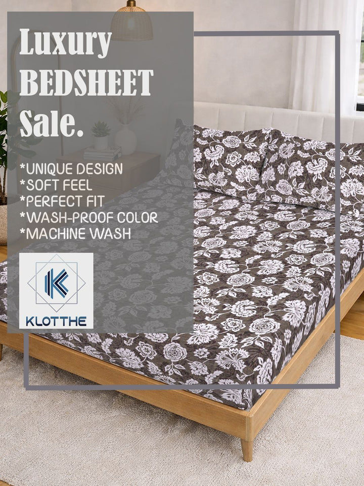 KLOTTHE Brown & White Printed 300 TC Double Bedsheet With 2 Pillow Covers- 2.5 m x 2.25 m