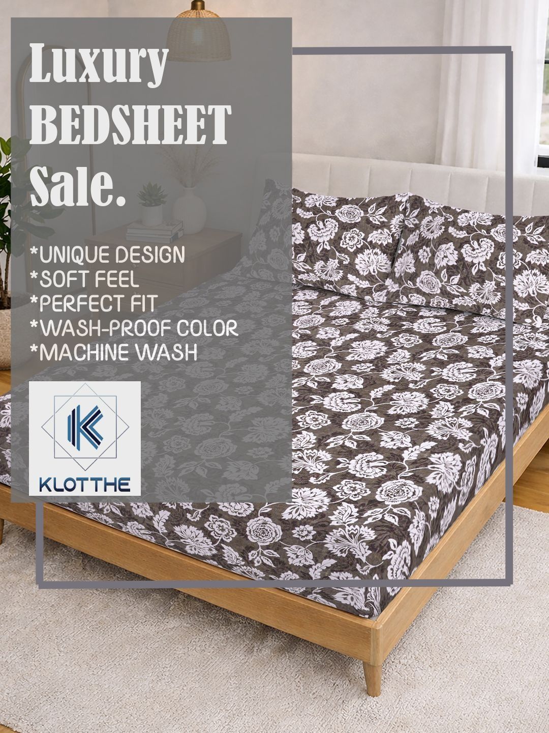 KLOTTHE Brown & White Printed 300 TC Double Bedsheet With 2 Pillow Covers- 2.5 m x 2.25 m
