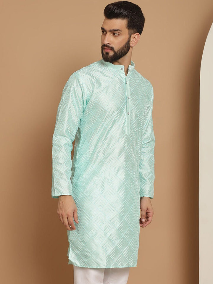 Anouk Sea Green Geometric Embroidered Thread Work Detailed Silk Cotton Straight Kurta
