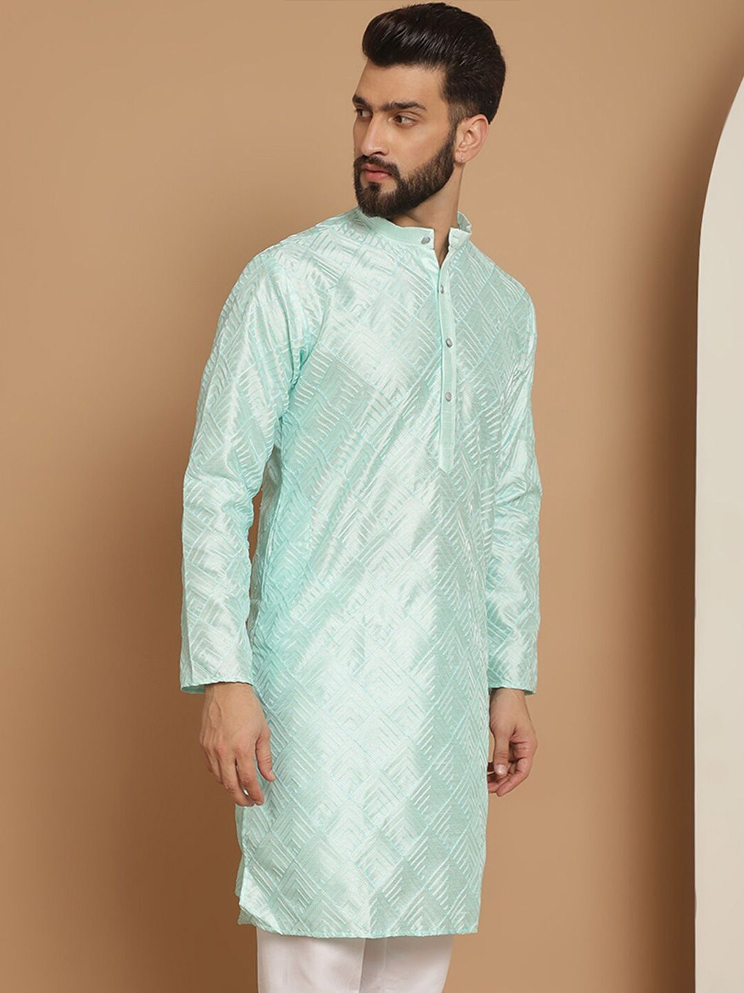 Anouk Sea Green Geometric Embroidered Thread Work Detailed Silk Cotton Straight Kurta