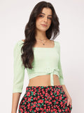 DressBerry Cuffed Sleeves Pleated Belted Crop Top