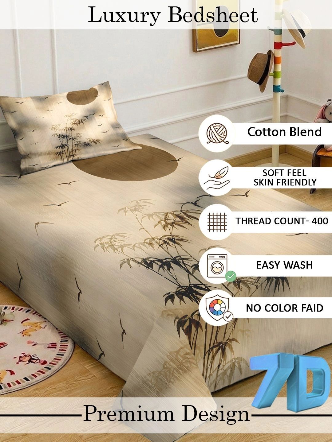 KLOTTHE Beige Floral Fitted 400 TC Single 7D Bedsheet with 1 Pillow Covers