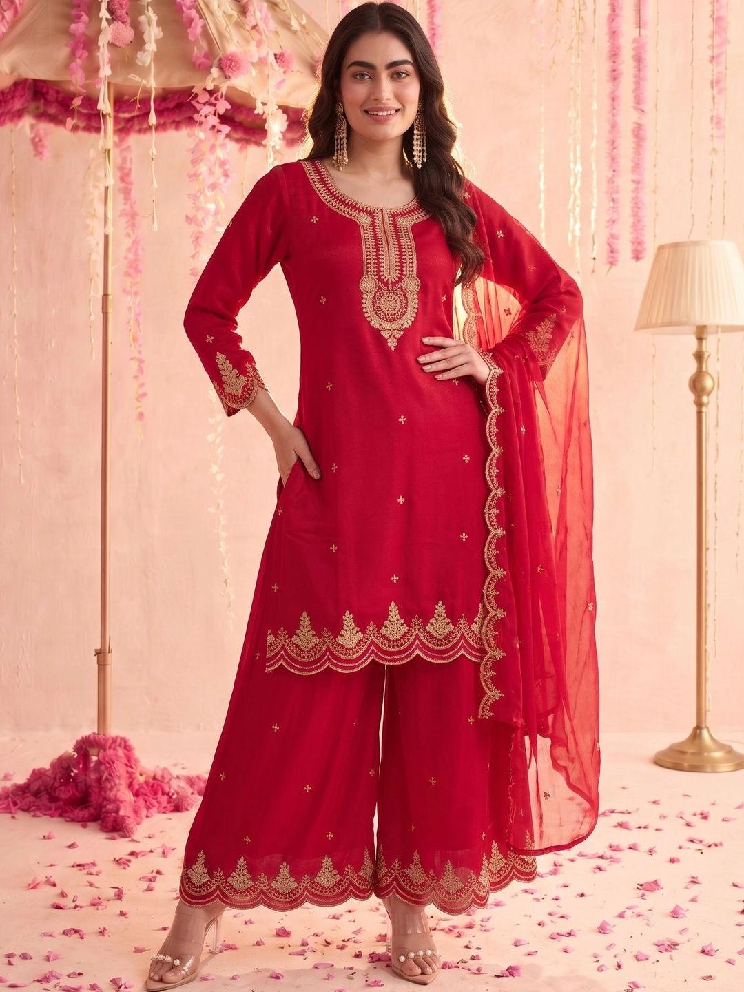 Mamicha Women Ethnic Motifs Embroidered Regular Kurta with Palazzos & With Dupatta
