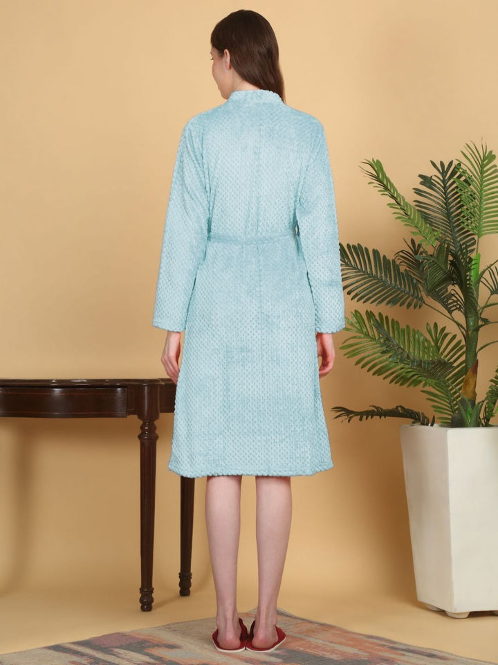 KLOTTHE Turquoise Blue Self Design Woollen Bath Robe With Belt