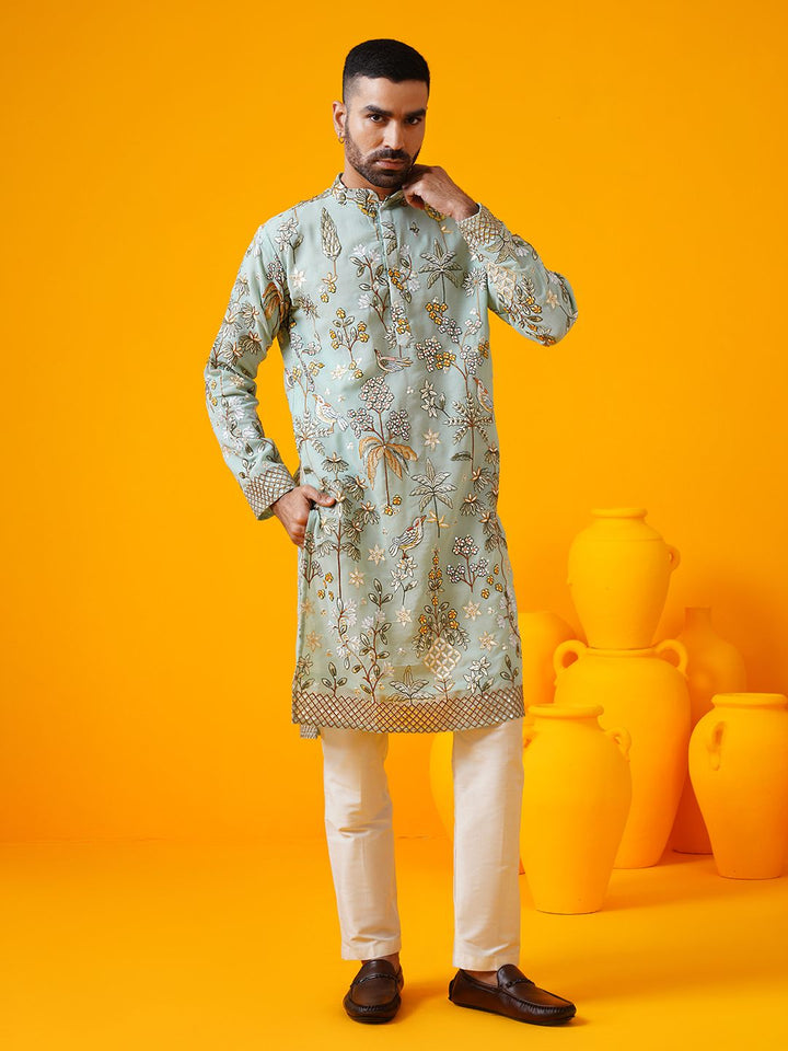 SOJANYA LUXE Kolar Mandarin Sulam Bunga Georgette Kurta Lurus Dengan Seluar