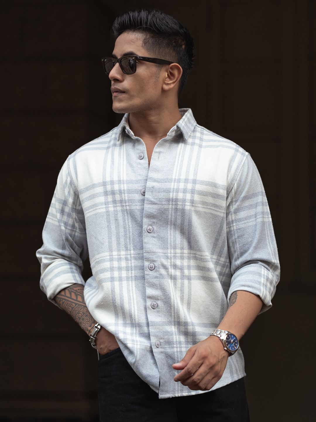 Powerlook Men Spread Collar Tartan Checked Cotton Casual Shirt
