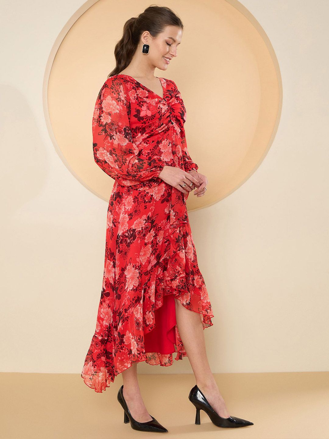 Antheaa Floral Print Flared Sleeve Chiffon A-Line Midi Dress