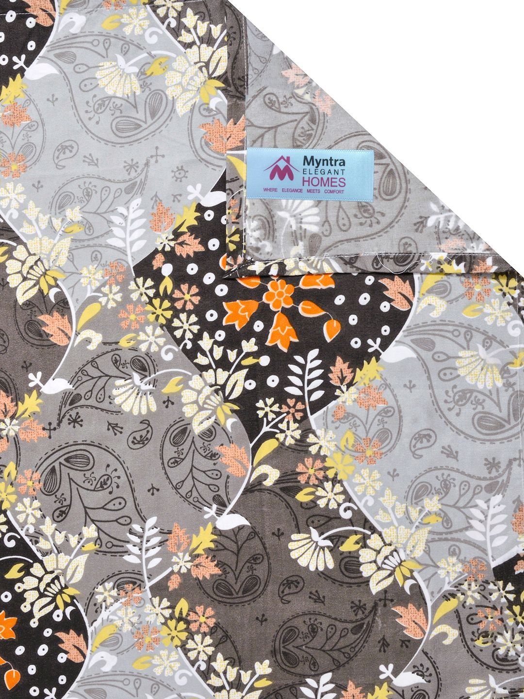 Myntra Elegant Homes Grey & Orange Floral 300 TC King Double Bedsheet with 2 Pillow Covers