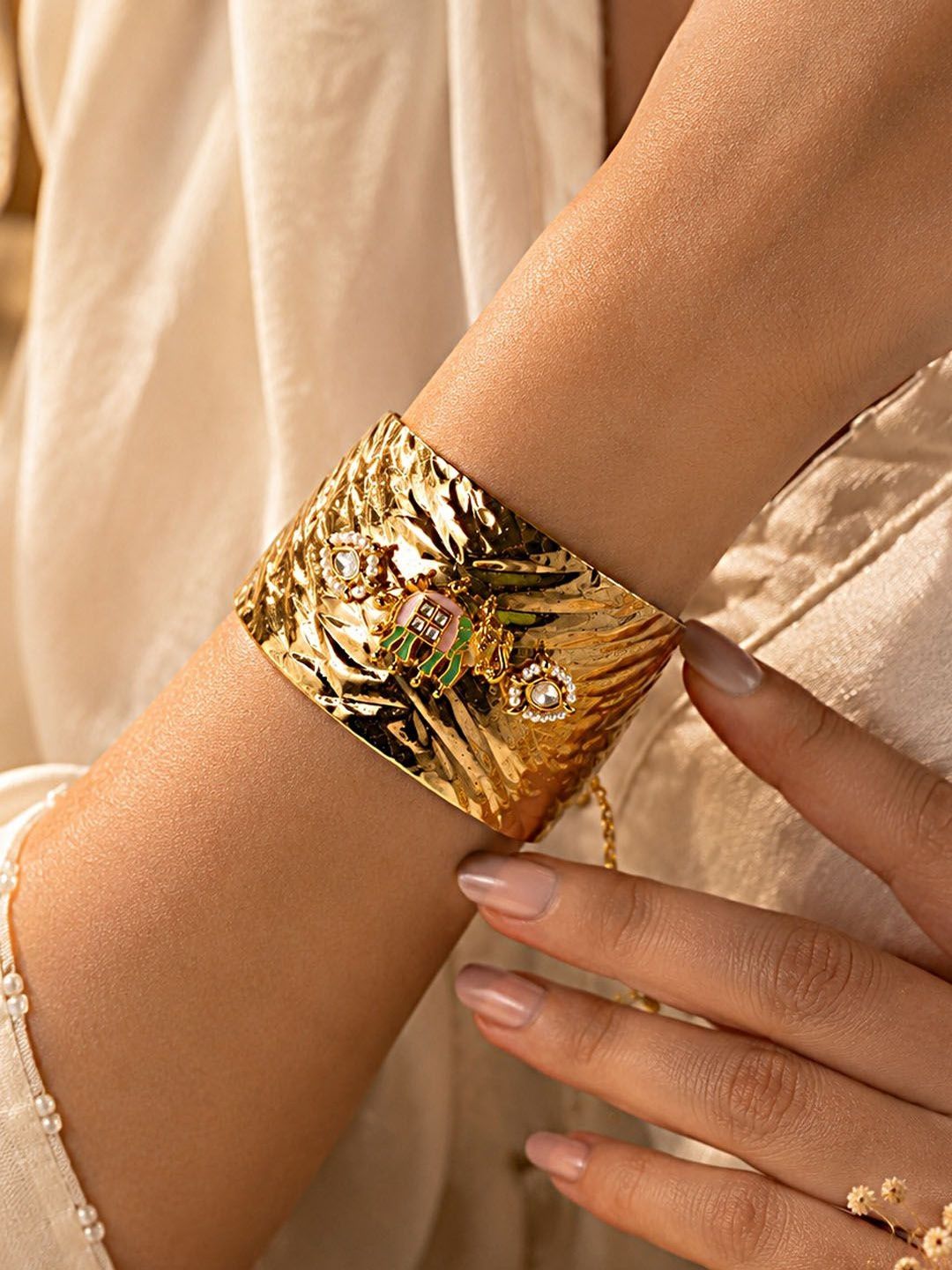 PANASH Gold-Plated Artificial Stones Studded Cuff Bracelet