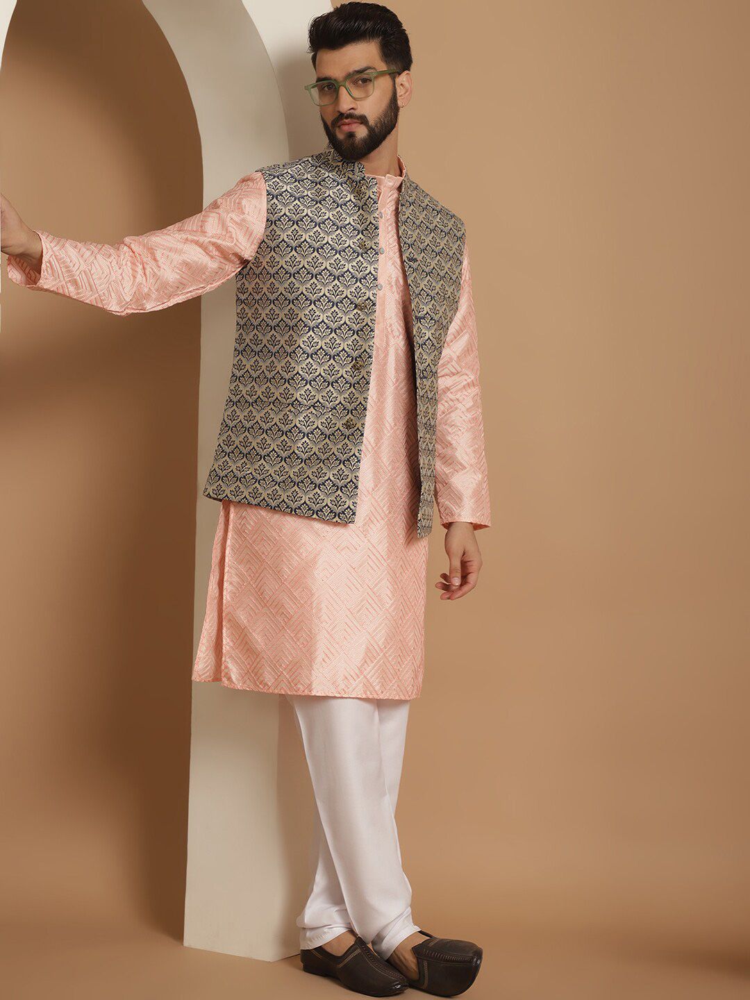 Anouk Pink Ethnic Motifs Woven Design Straight Kurta With Churidar & Nehru Jacket