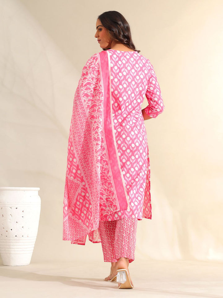Mamicha Women Ethnic Motifs Printed Regular Thread Work Pure Cotton Kurta with Trousers & With Dupatta