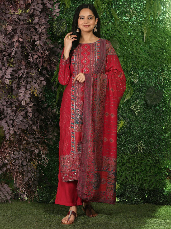 Mamicha Women Ethnic Motifs Embroidered Regular Thread Work Pure Cotton Kurta with Palazzos & With Dupatta