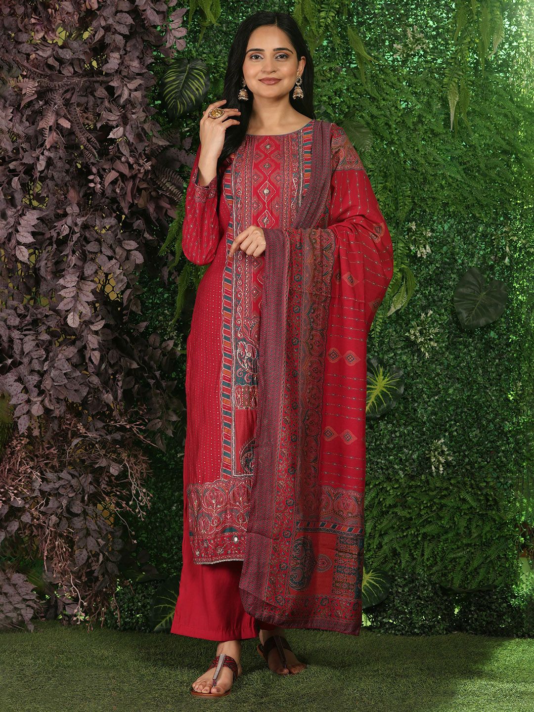 Mamicha Women Ethnic Motifs Embroidered Regular Thread Work Pure Cotton Kurta with Palazzos & With Dupatta