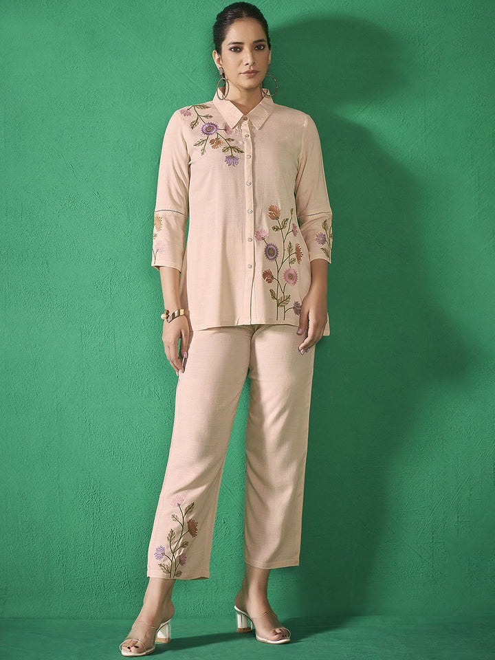 Anouk Beige Shirt Collar Embroidered Liva Shirt & Trouser