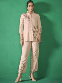 Anouk Beige Shirt Collar Embroidered Liva Shirt & Trouser